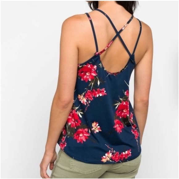 Paper Moon Basima Back Navy Floral Criss Cross Strap Tank Top Large Stitch Fix - Picture 2 of 9